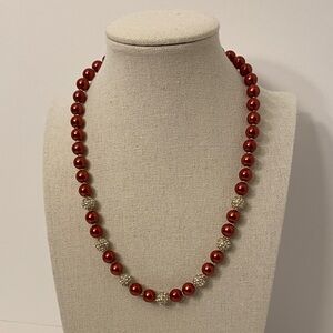 Charter Club Red Beaded Round Ball Rhinestone Necklace